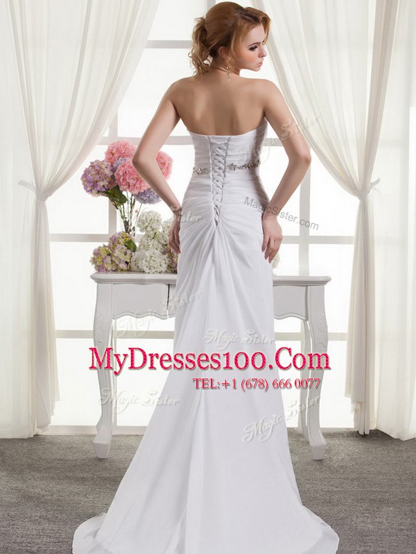 White A-line Sweetheart Sleeveless Chiffon Sweep Train Lace Up Beading and Ruching Wedding Dresses