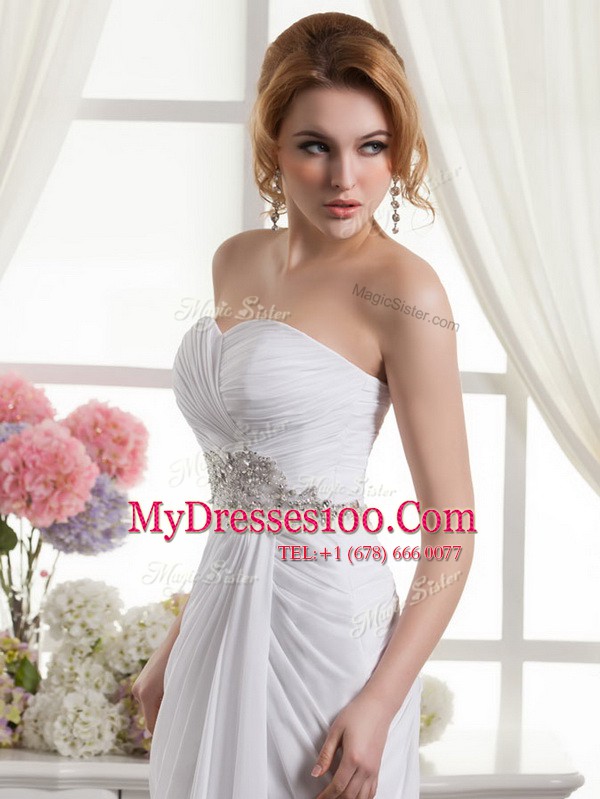 White A-line Sweetheart Sleeveless Chiffon Sweep Train Lace Up Beading and Ruching Wedding Dresses