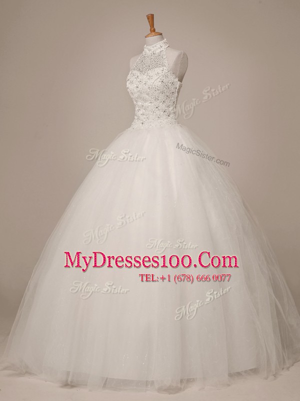 Traditional White Lace Up Halter Top Beading Wedding Gown Tulle Sleeveless