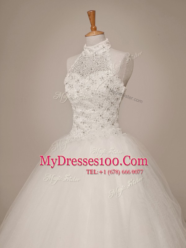 Traditional White Lace Up Halter Top Beading Wedding Gown Tulle Sleeveless