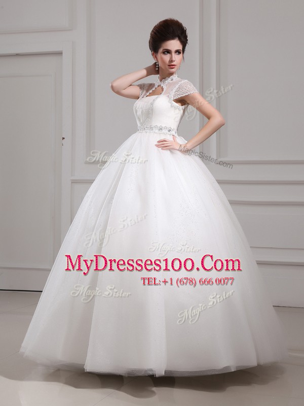 Halter Top White A-line High-neck Cap Sleeves Tulle Floor Length Lace Up Beading and Lace Bridal Gown