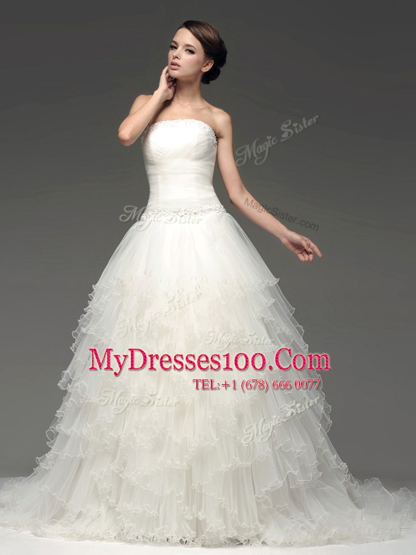 Perfect White Tulle Lace Up Strapless Sleeveless Bridal Gown Sweep Train Beading and Ruffles