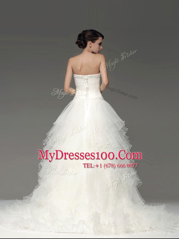 Perfect White Tulle Lace Up Strapless Sleeveless Bridal Gown Sweep Train Beading and Ruffles