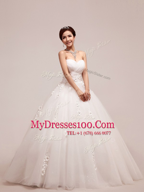 Fancy White Sweetheart Neckline Appliques and Ruching and Hand Made Flower Wedding Dress Sleeveless Lace Up