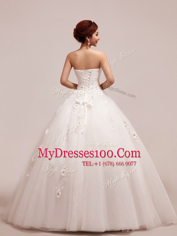 Fancy White Sweetheart Neckline Appliques and Ruching and Hand Made Flower Wedding Dress Sleeveless Lace Up