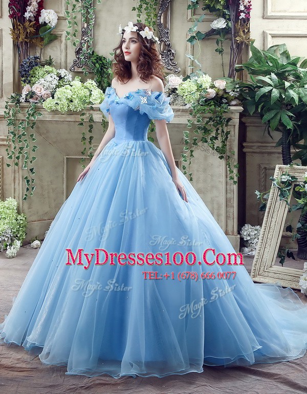 Best Off the Shoulder Floor Length Blue Wedding Dresses Organza Sleeveless Ruching and Bowknot