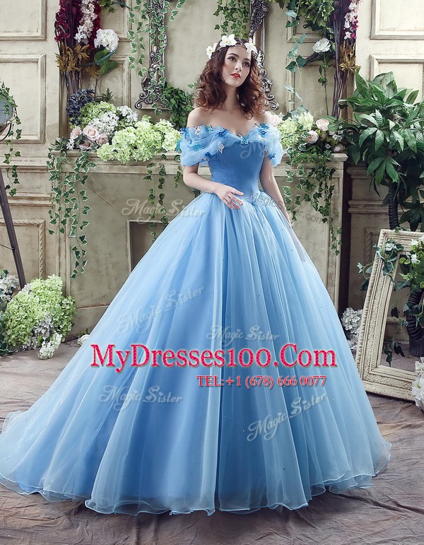 Best Off the Shoulder Floor Length Blue Wedding Dresses Organza Sleeveless Ruching and Bowknot