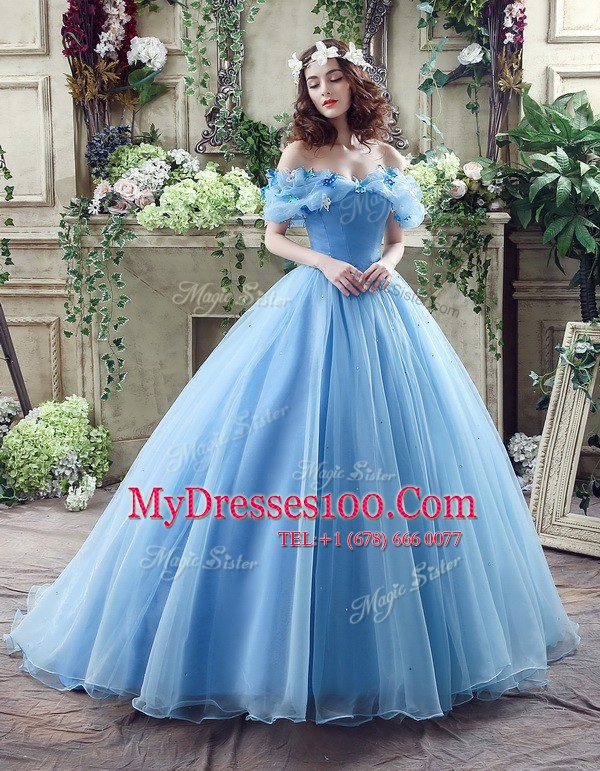 Best Off the Shoulder Floor Length Blue Wedding Dresses Organza Sleeveless Ruching and Bowknot