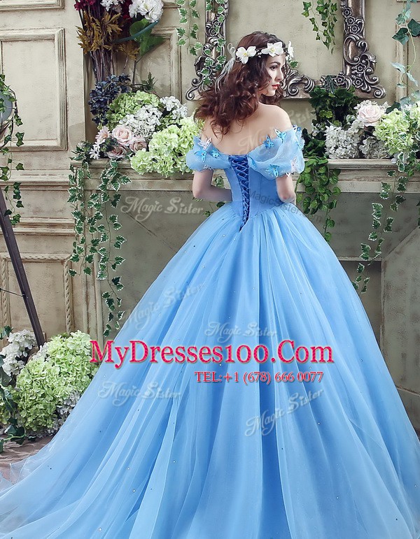 Best Off the Shoulder Floor Length Blue Wedding Dresses Organza Sleeveless Ruching and Bowknot