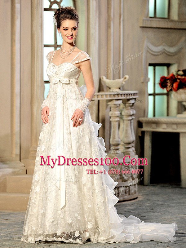 Luxurious Cap Sleeves Brush Train Lace Up With Train Beading and Appliques and Ruffles Wedding Gowns