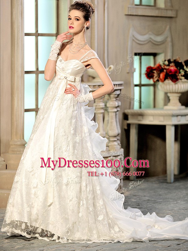 Luxurious Cap Sleeves Brush Train Lace Up With Train Beading and Appliques and Ruffles Wedding Gowns