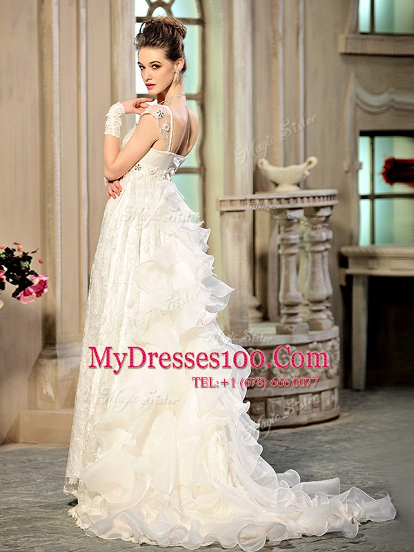 Luxurious Cap Sleeves Brush Train Lace Up With Train Beading and Appliques and Ruffles Wedding Gowns