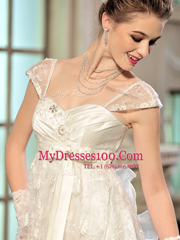 Luxurious Cap Sleeves Brush Train Lace Up With Train Beading and Appliques and Ruffles Wedding Gowns