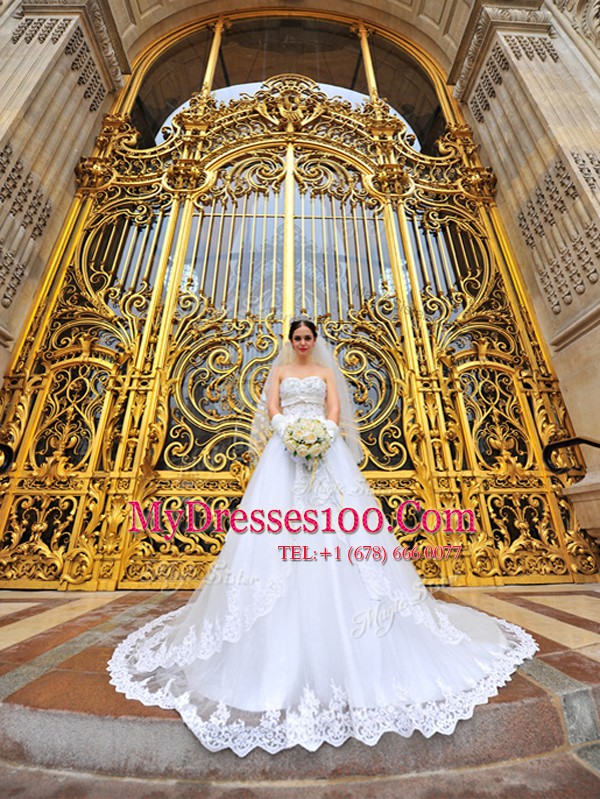 Sophisticated Beading and Lace and Appliques Wedding Gown White Lace Up Sleeveless With Brush Train