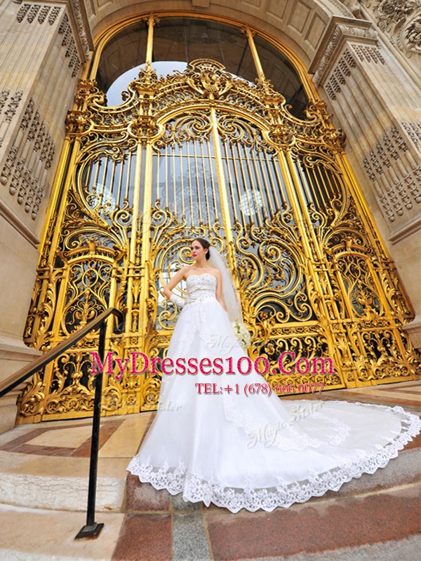 Sophisticated Beading and Lace and Appliques Wedding Gown White Lace Up Sleeveless With Brush Train