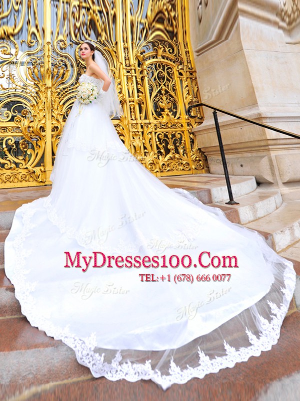 Sophisticated Beading and Lace and Appliques Wedding Gown White Lace Up Sleeveless With Brush Train