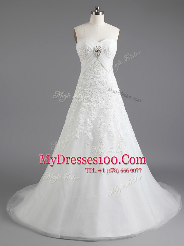 White Lace Up Wedding Gowns Beading and Appliques Sleeveless With Brush Train