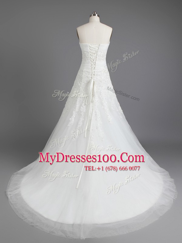White Lace Up Wedding Gowns Beading and Appliques Sleeveless With Brush Train