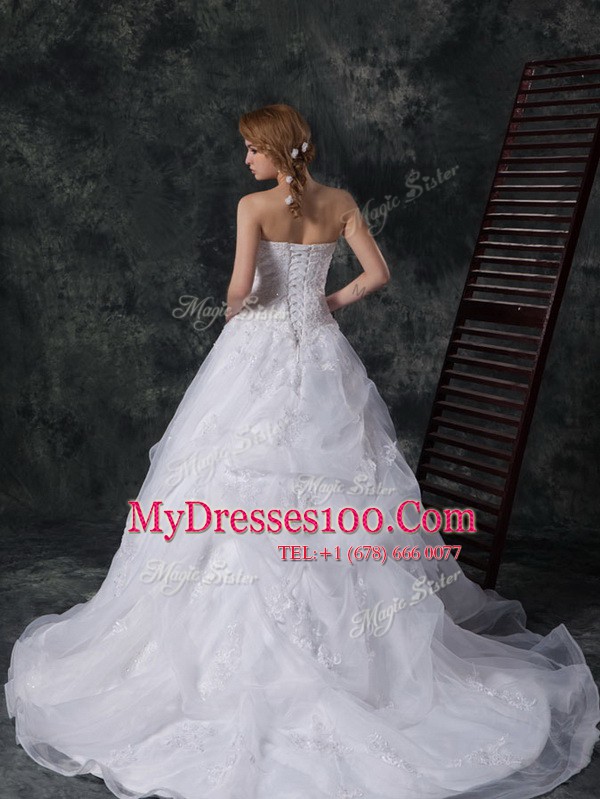 Unique Beading and Lace and Appliques Wedding Gown White Lace Up Sleeveless Court Train