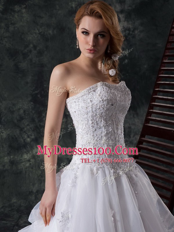 Unique Beading and Lace and Appliques Wedding Gown White Lace Up Sleeveless Court Train