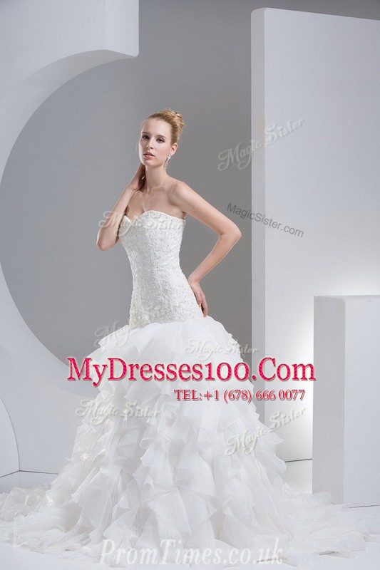 Custom Designed Ruffled Brush Train A-line Bridal Gown White Sweetheart Organza Sleeveless With Train Lace Up