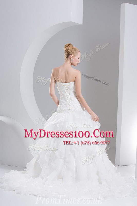 Custom Designed Ruffled Brush Train A-line Bridal Gown White Sweetheart Organza Sleeveless With Train Lace Up