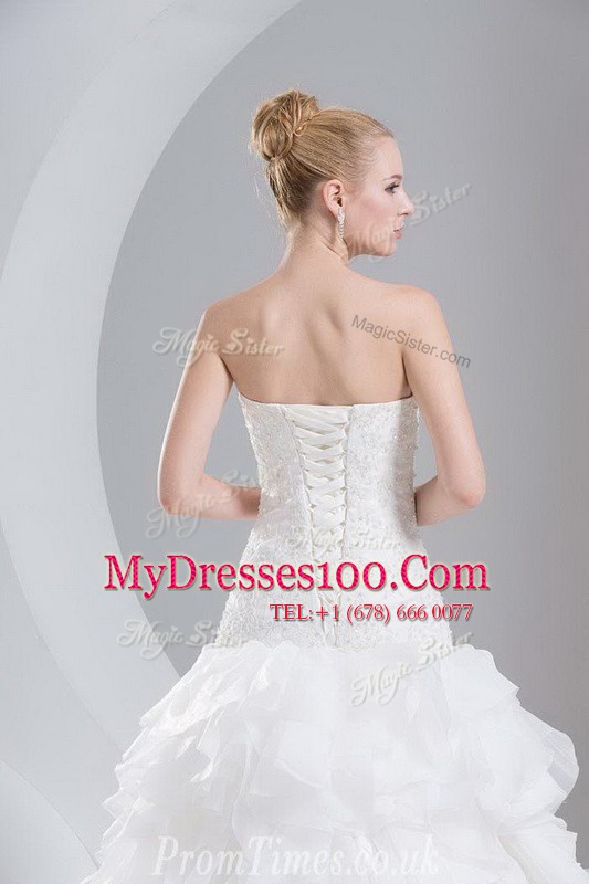 Custom Designed Ruffled Brush Train A-line Bridal Gown White Sweetheart Organza Sleeveless With Train Lace Up
