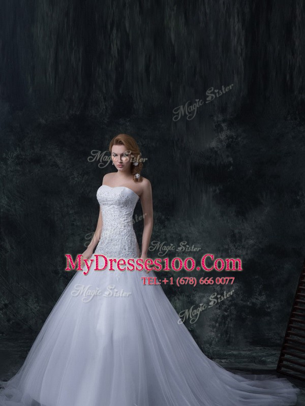 Colorful Sleeveless Tulle With Train Court Train Lace Up Wedding Gowns in White with Beading and Appliques