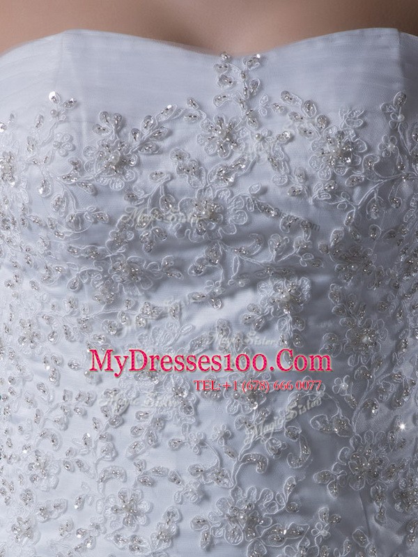 Colorful Sleeveless Tulle With Train Court Train Lace Up Wedding Gowns in White with Beading and Appliques