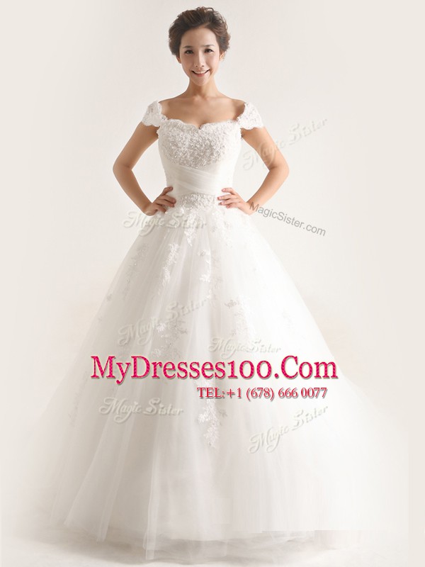 Unique Tulle Cap Sleeves With Train Bridal Gown Brush Train and Lace and Appliques