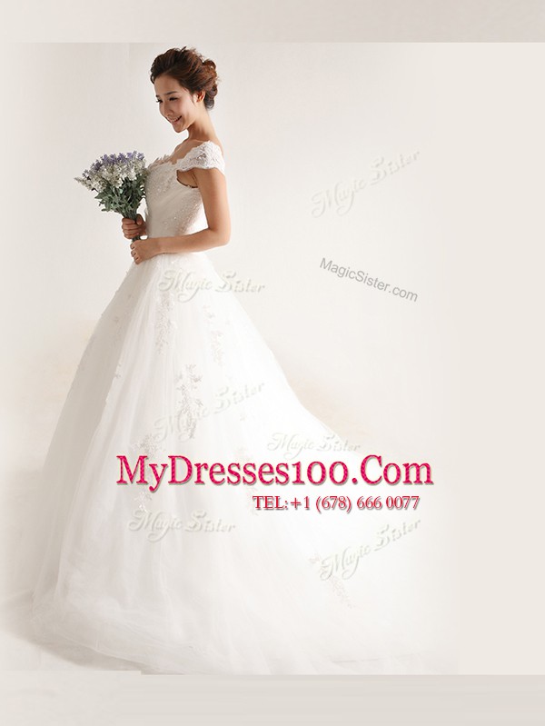 Unique Tulle Cap Sleeves With Train Bridal Gown Brush Train and Lace and Appliques