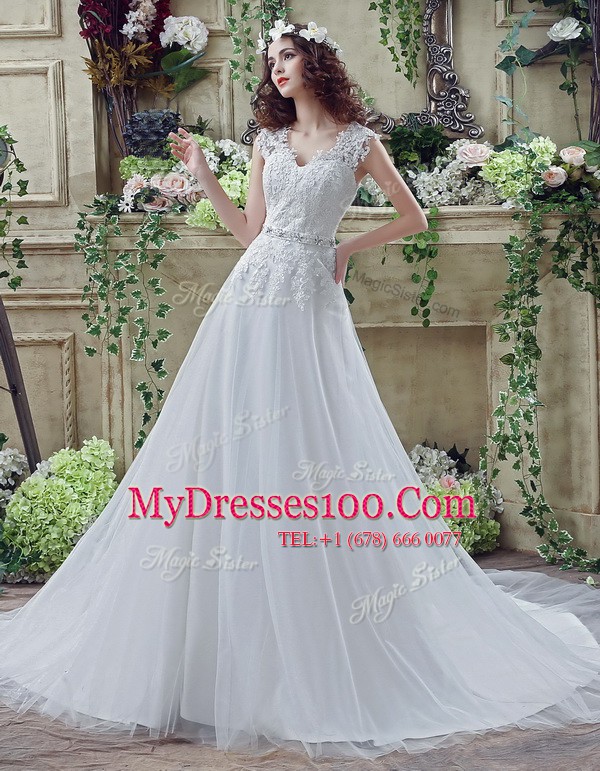 White Long Sleeves Court Train Lace and Appliques Wedding Gowns