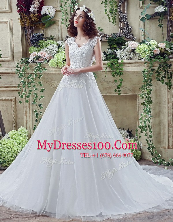 White Long Sleeves Court Train Lace and Appliques Wedding Gowns