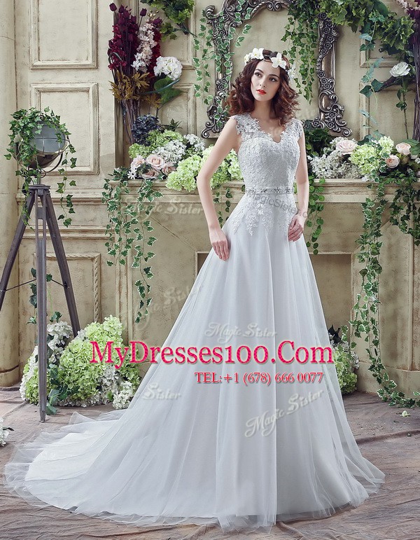 White Long Sleeves Court Train Lace and Appliques Wedding Gowns