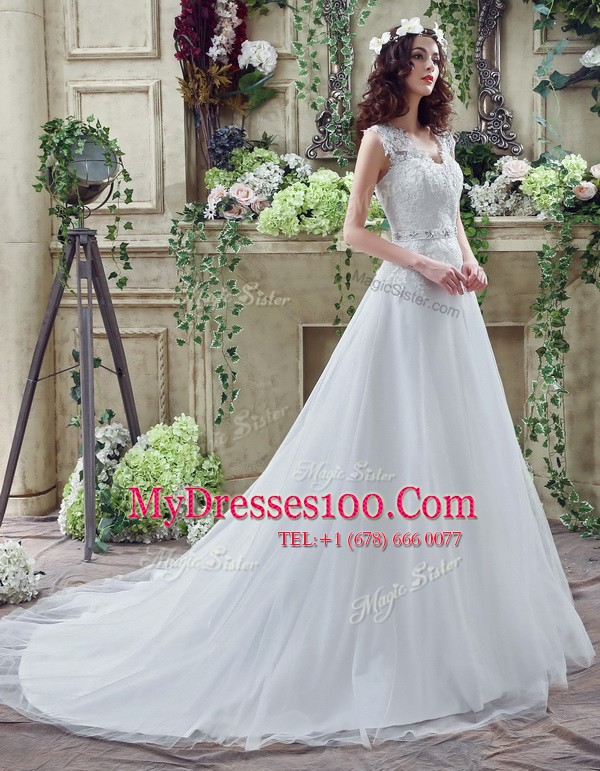 White Long Sleeves Court Train Lace and Appliques Wedding Gowns