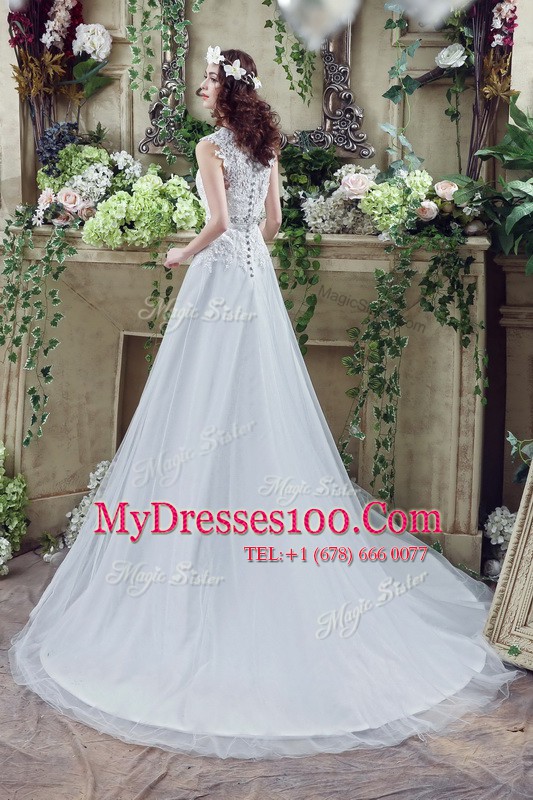 White Long Sleeves Court Train Lace and Appliques Wedding Gowns