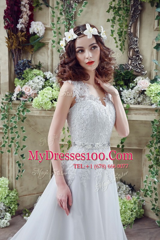 White Long Sleeves Court Train Lace and Appliques Wedding Gowns