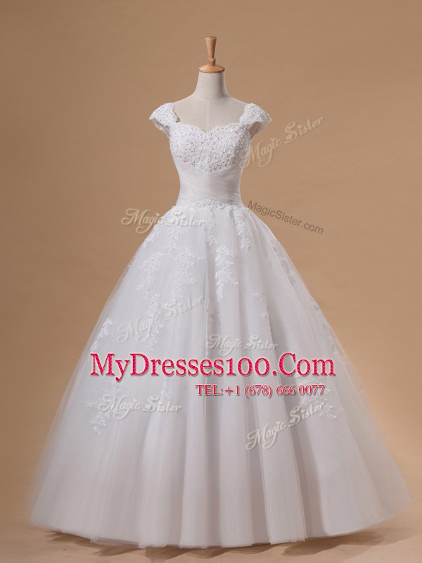 White Tulle Lace Up Wedding Dresses Cap Sleeves Floor Length Lace and Appliques and Sequins