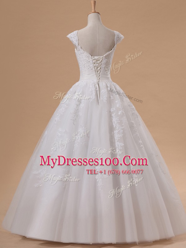 White Tulle Lace Up Wedding Dresses Cap Sleeves Floor Length Lace and Appliques and Sequins