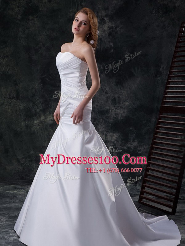 Mermaid Beading and Ruching Wedding Dress White Lace Up Sleeveless With Train