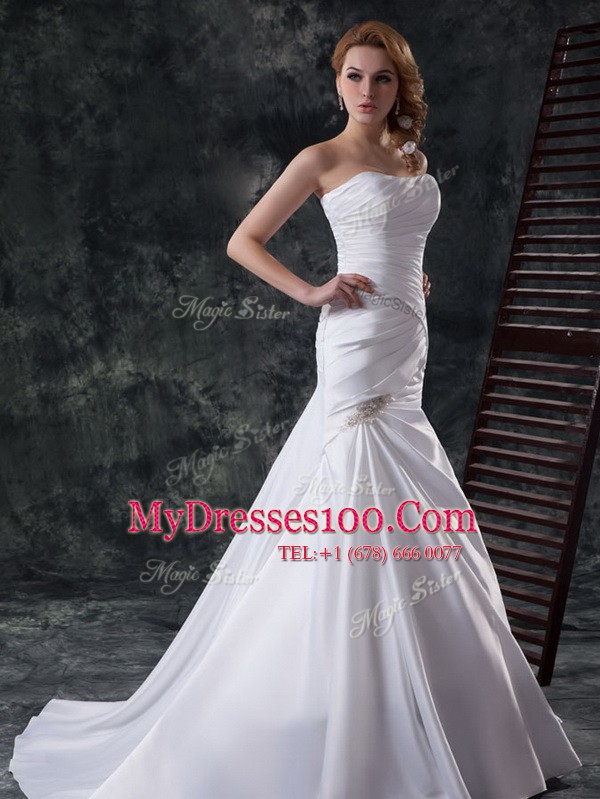 Mermaid Beading and Ruching Wedding Dress White Lace Up Sleeveless With Train