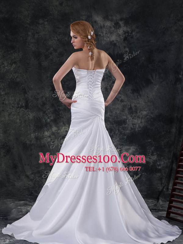 Mermaid Beading and Ruching Wedding Dress White Lace Up Sleeveless With Train