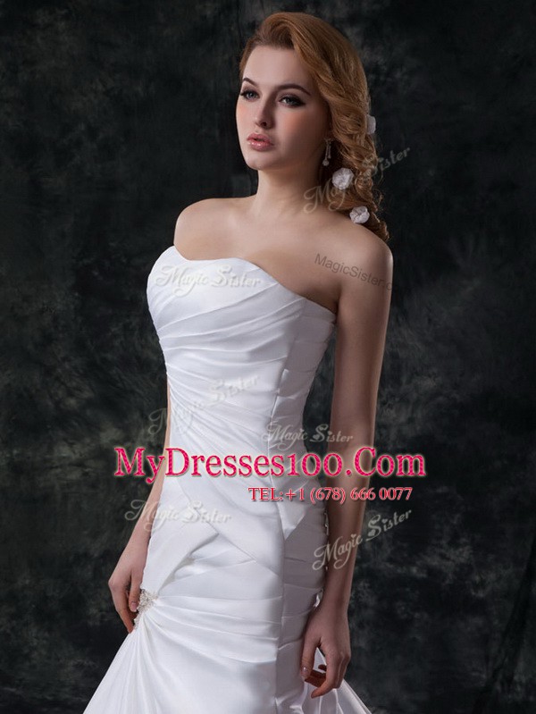 Mermaid Beading and Ruching Wedding Dress White Lace Up Sleeveless With Train