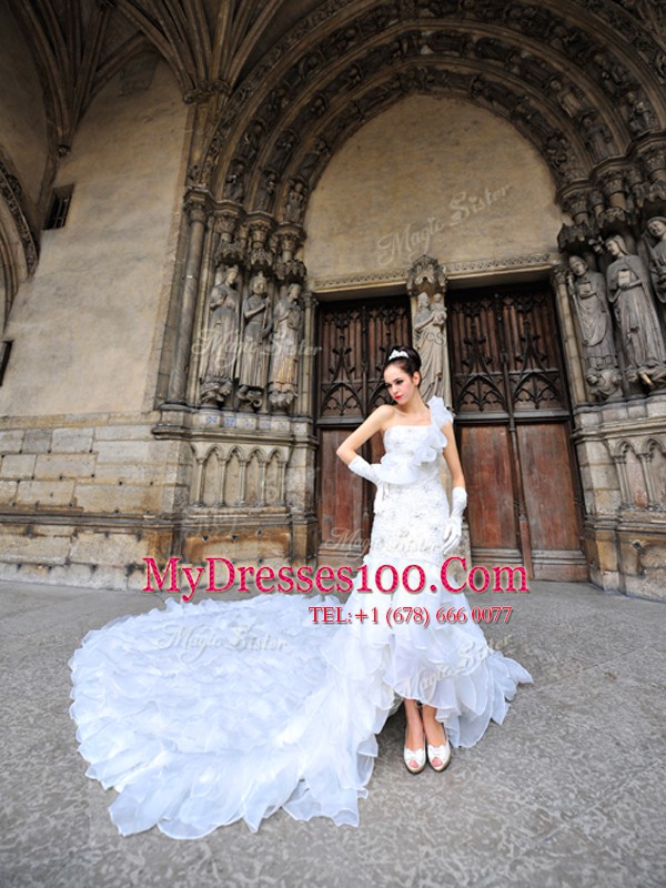 Custom Fit White Wedding Gown Wedding Party and For with Lace One Shoulder Sleeveless Cathedral Train Lace Up