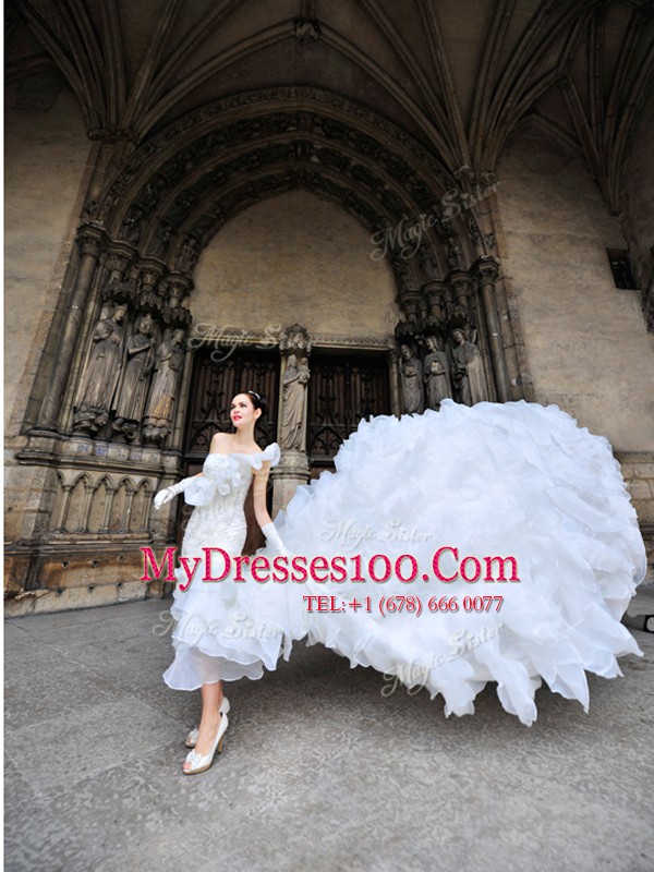 Custom Fit White Wedding Gown Wedding Party and For with Lace One Shoulder Sleeveless Cathedral Train Lace Up