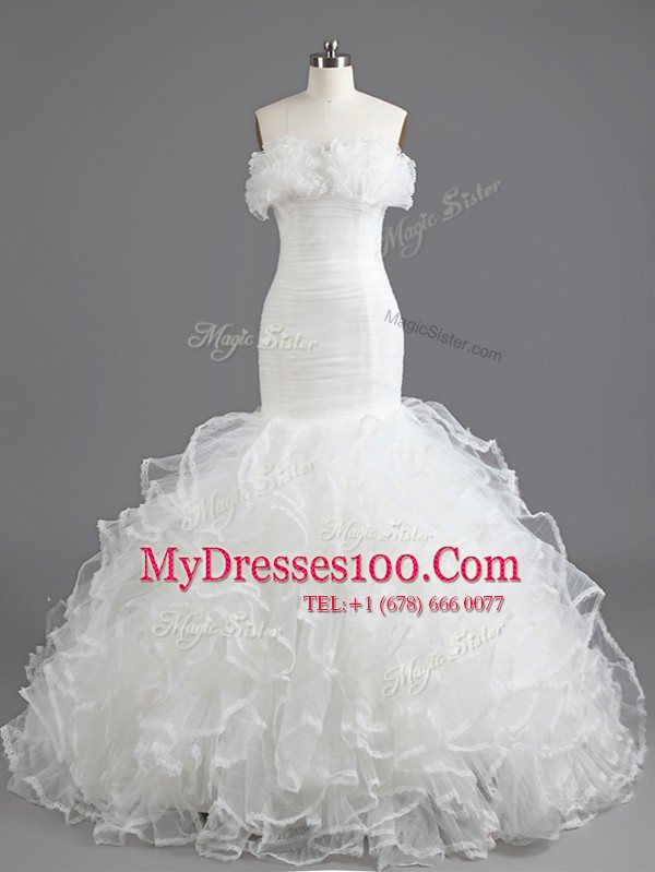 Graceful Mermaid White Sleeveless With Train Ruffles Lace Up Wedding Gowns