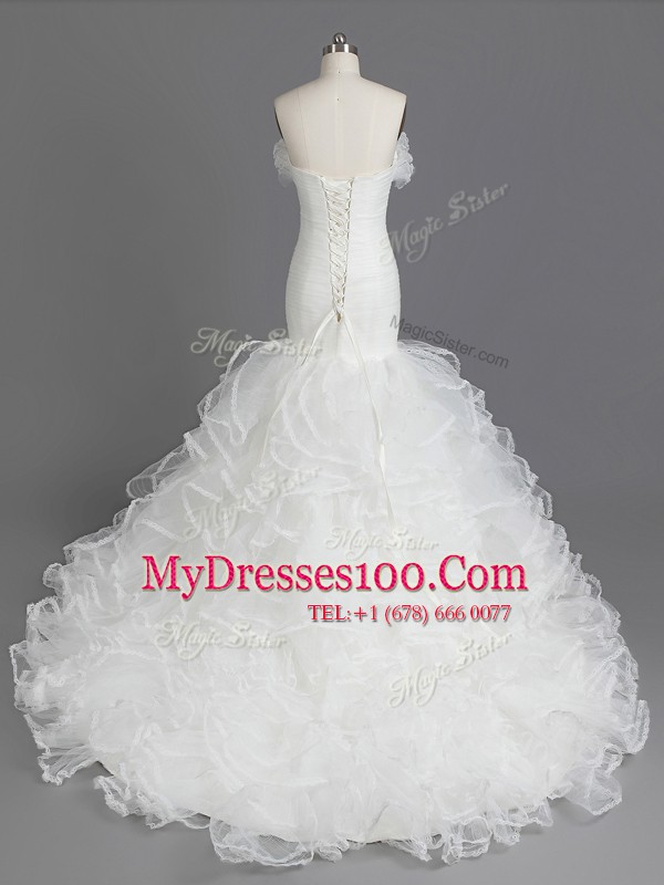 Graceful Mermaid White Sleeveless With Train Ruffles Lace Up Wedding Gowns