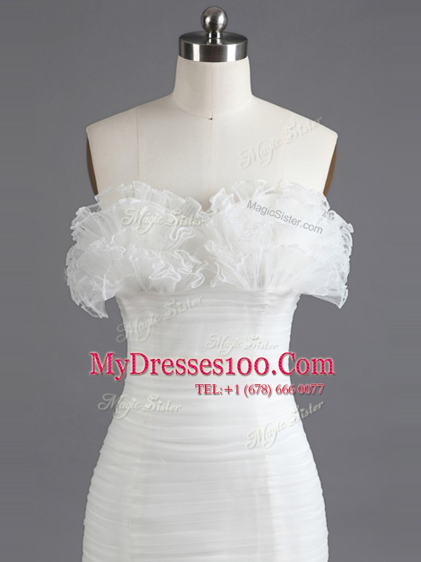 Graceful Mermaid White Sleeveless With Train Ruffles Lace Up Wedding Gowns