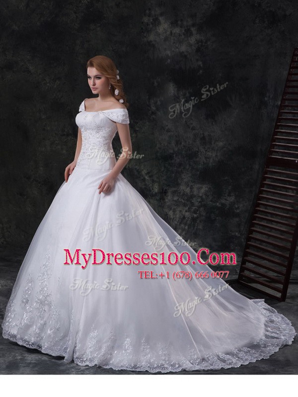 Wonderful White Off The Shoulder Neckline Beading and Lace and Embroidery Bridal Gown Cap Sleeves Lace Up