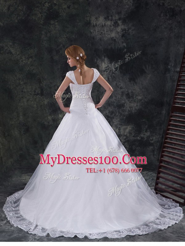 Wonderful White Off The Shoulder Neckline Beading and Lace and Embroidery Bridal Gown Cap Sleeves Lace Up